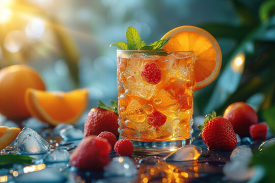 A refreshing image of a tropical cocktail with bright fruit garnishes, radiating a sense of relaxation and leisure. Concept of tropical refreshment. Generative Ai.