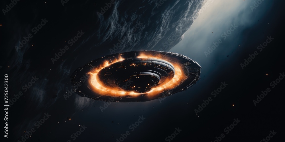 Aufkleber A space station with a captivating ring of fire in the middle. This image can be used to depict a futuristic space exploration concept or as a background for science fiction-themed projects