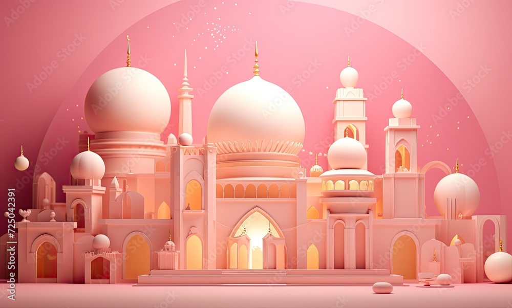 Wall mural a golden and white background with ramadan objects on a pink color background