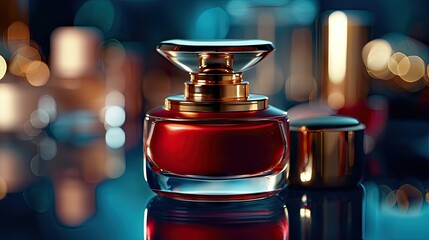 Perfume bottle on the table with bokeh background - obrazy, fototapety, plakaty