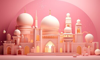 A golden and white background with ramadan objects on a pink color background