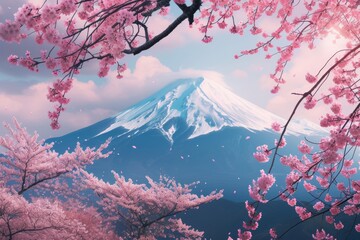 A stunning landscape, where the soft pink petals of cherry blossoms contrast against the snowy peak of a majestic mountain, under a clear spring sky