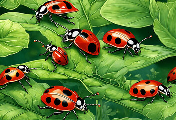 Flock of large ladybugs on green foliage
