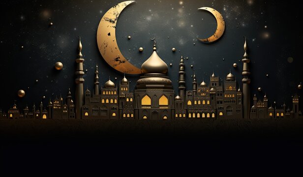 A golden moon with a mosque and a crescent, in the style of handcrafted designs, mysterious backdrops, dark bronze and light beige, festive atmosphere