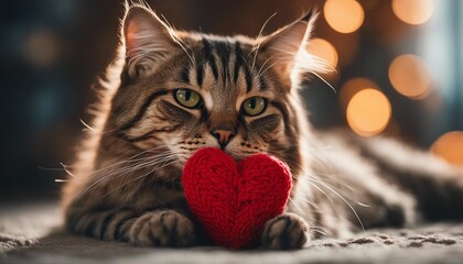 A red knitted heart in the paws of a tabby cat
