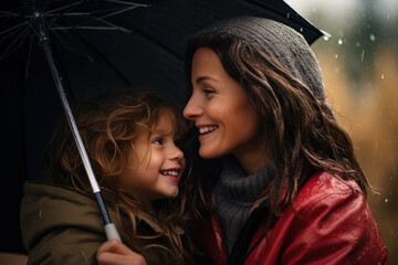 A mother and daughter share a quiet moment on a rainy day, huddled together under an umbrella, finding joy in the simple act of staying dry and connected.  Generative Ai.