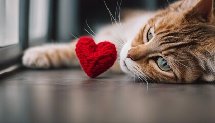 A red knitted heart in the paws of a tabby cat
