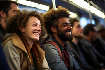 A commuter shares a smile with a fellow passenger on a crowded train, creating a brief yet genuine connection amidst the hustle and bustle of daily life.  Generative Ai. - obrazy, fototapety, plakaty