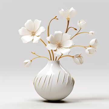 3d ceramic white flowers vase isolated on white background