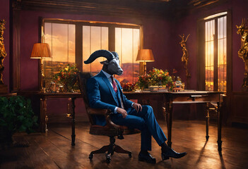 Horned goat of the company. Anthropomorphic goat director is sitting at the table in the boss's office. Allegory, metaphor. - obrazy, fototapety, plakaty