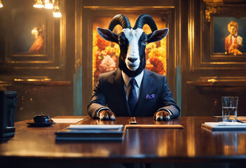 Horned goat of the company. Anthropomorphic goat director is sitting at the table in the boss's office. Allegory, metaphor.