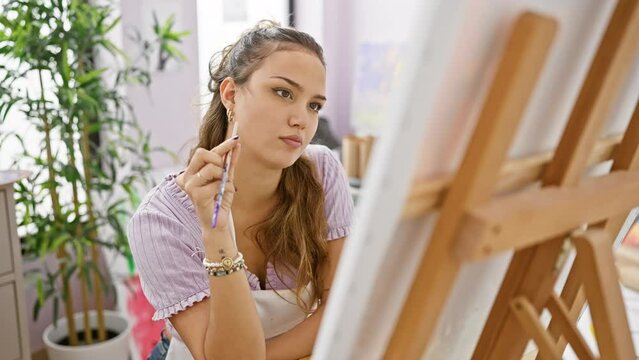 Thoughtful young hispanic woman artist, looking at her drawing in an art studio, contemplating with a cheerful face, in a relaxed mood, wielding her paintbrush with creativity and doubt
