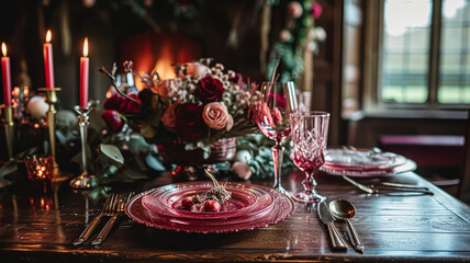 Fototapeta na wymiar Valentines day tablescape and table decor, romantic table setting with flowers, formal dinner and date, beautiful cutlery and tableware