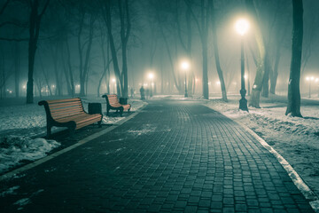 The alley of a night winter park in a fog. Footpath in a fabulous winter city park at night in fog...