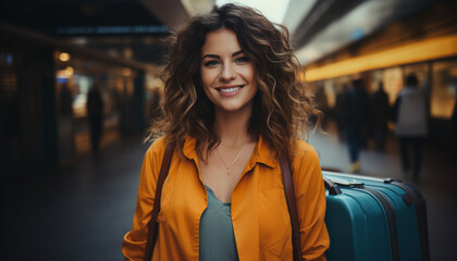 One beautiful woman, smiling, looking at camera, confident and happy generated by AI