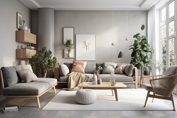 Modern Scandinavian living room with a warm home décor and a stylish grey sofa, armchair, lots of plants, coffee table, and carpet. Template