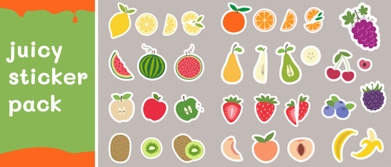 Sticker pack fruit berries in flat design. Fruit flat minimal illustration composition. Set of fruit icons in simple style. Vector illustration.
