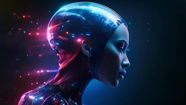 Side profile of a female cyborg with a transparent cranium revealing a lit glowing neural network. Futuristic artificial intelligence concept
