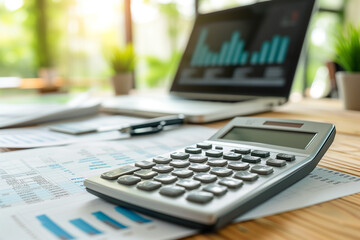 Close-Up of Calculator on Financial Charts with Laptop Background - Finance Concept 