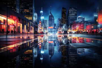 Obraz premium A blurred cityscape at night with colorful lights, creating a sophisticated and urban backdrop for text related to city life and nightlife. Generative Ai.