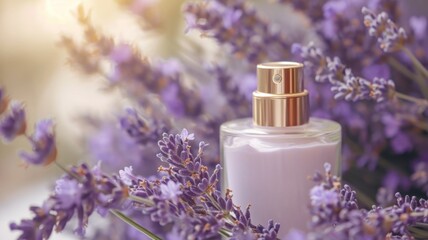 Beauty products infused with lavender and fresh sprigs on marble.