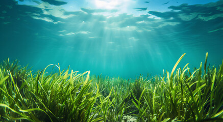 Fototapeta na wymiar Seagrass, marine plants, view of green oceanic vegetation moving softly under sea, suns rays coming through. Coastal resilience of seagrass meadows, ecosystems. Biodiversity, seafloor. Sand.