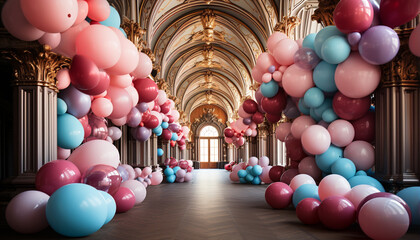 Fototapeta na wymiar Indoor celebration colorful balloons adorn modern architecture, creating joyful fun generated by AI