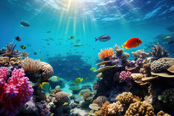 Fototapeta na wymiar An underwater coral reef scene with tropical fish, creating a colorful and dynamic background for text associated with marine life and conservation. Generative Ai.