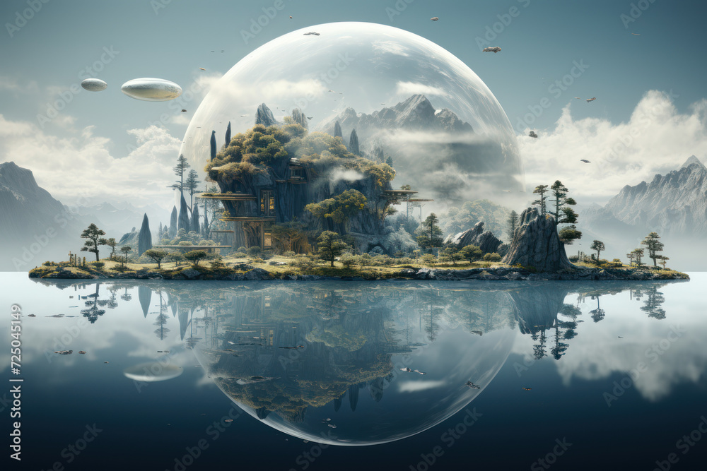 Wall mural a surreal, abstract landscape with floating islands and dreamlike elements, creating an imaginative 