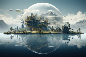 A surreal, abstract landscape with floating islands and dreamlike elements, creating an imaginative...