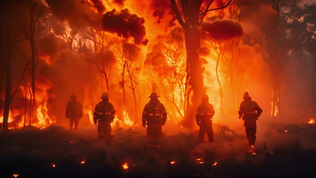 Experienced Firefighter Extinguishing a Wildland Fire Deep in the Woods. Professional in Safety Uniform and Helmet Spraying Water to Fight Large Flames Spreading Through Trees. Forest fire 4k