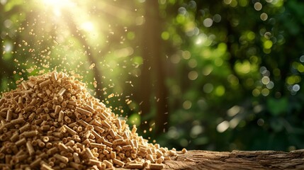 Biomass wood pellets and woodpile on blurred defocused background with space for text placement - obrazy, fototapety, plakaty
