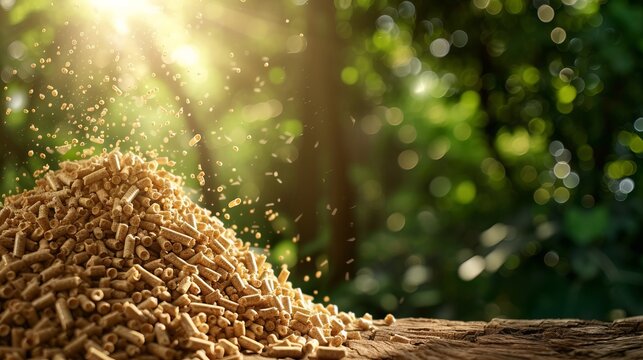 Biomass wood pellets and woodpile on blurred defocused background with space for text placement