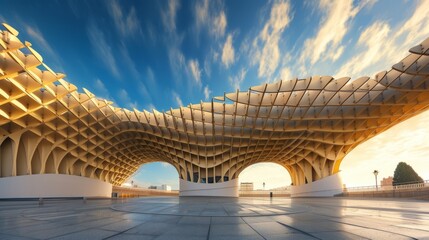 Contemporary symmetrical metropol parasol structure under sunny sky - obrazy, fototapety, plakaty