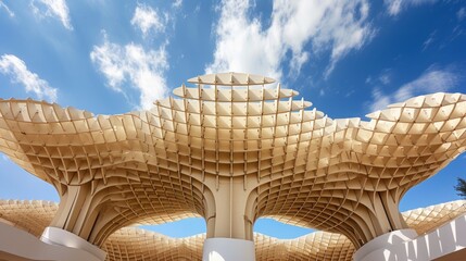 Contemporary symmetrical metropol parasol structure under sunny sky