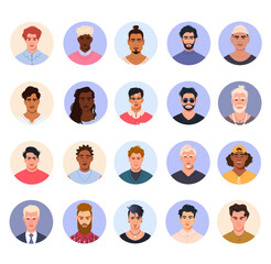 A large vector set of portraits, avatars of young men of different appearance and nationality in circles. Collection of faces and icons of male characters for user profiles
