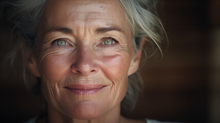 Realistic portrait of a old peaceful lady with beautiful eyes white hair and wrinkles  - obrazy, fototapety, plakaty