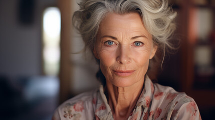 Portrait of a old peaceful lady with beautiful eyes white hair and wrinkles  - obrazy, fototapety, plakaty