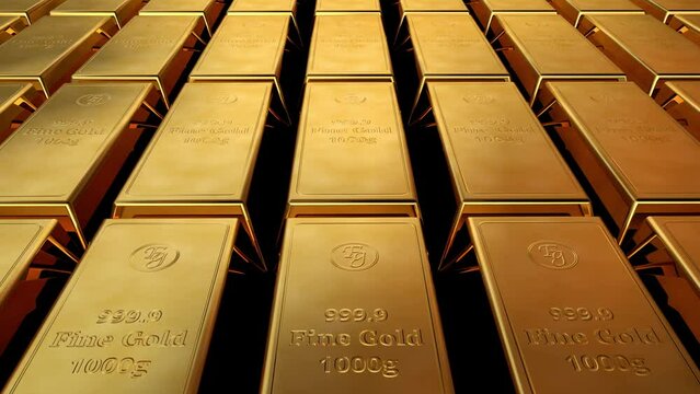 Gold bars infinite loop video - Golden ingots with camera flying over. Rich and wealth concept. 3d render animation in 4k