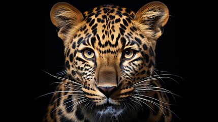 Obraz premium Stunning amur leopard portrait on black background, ideal for wildlife conservation concept