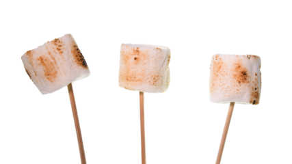 Bamboo sticks with roasted marshmallows on transparent background (PSD)