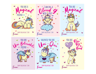 Fototapeta na wymiar Printable Unicorn Valentine's Day Cards, Cute Classroom Valentine's Day Cards for Kids, Rainbow Magic Kids Valentines, Girls Valentines, Valentine cards for kids classrooms, Gift Tags