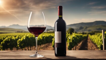 Fototapeta premium empty bottle of red wine and a wine glass in front of the vineyards 