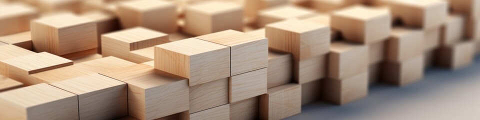 Panorama of wooden blocks in random, abstract pattern with varying grains and wood types
