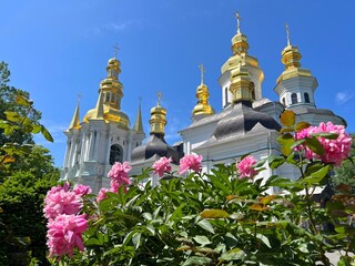 Ukraine Kyiv Lavra monastery, view church Nativity of Blessed Virgin Mary and bell tower.
