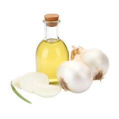 fresh raw organic white onion oil in glass bowl png isolated on white background with clipping path. natural organic dripping serum herbal medicine rich of vitamins concept. selective focus