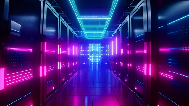 Advanced data center server racks emit a futuristic glow of modern digital infrastructure. Future technology development concept
