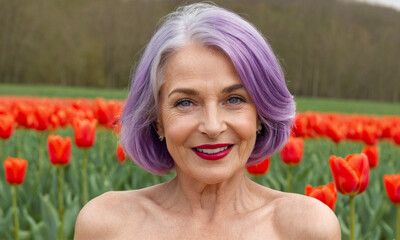 Portrait of a beautiful sixty year old woman with purple hair against a background of red tulips. Portrait spring beauty nature. Beautiful adult naked woman