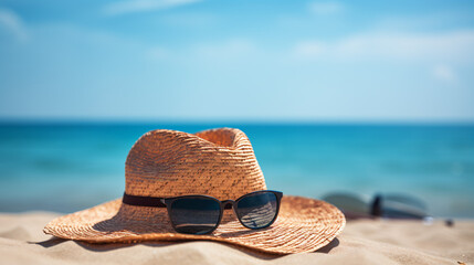 sunglasses and straw hat with blur blue sea and sky 