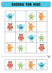 Sudoku for children with monsters. Kids activity sheet .Fun sudoku puzzle with cute monsters illustration. Children educational activity worksheet.